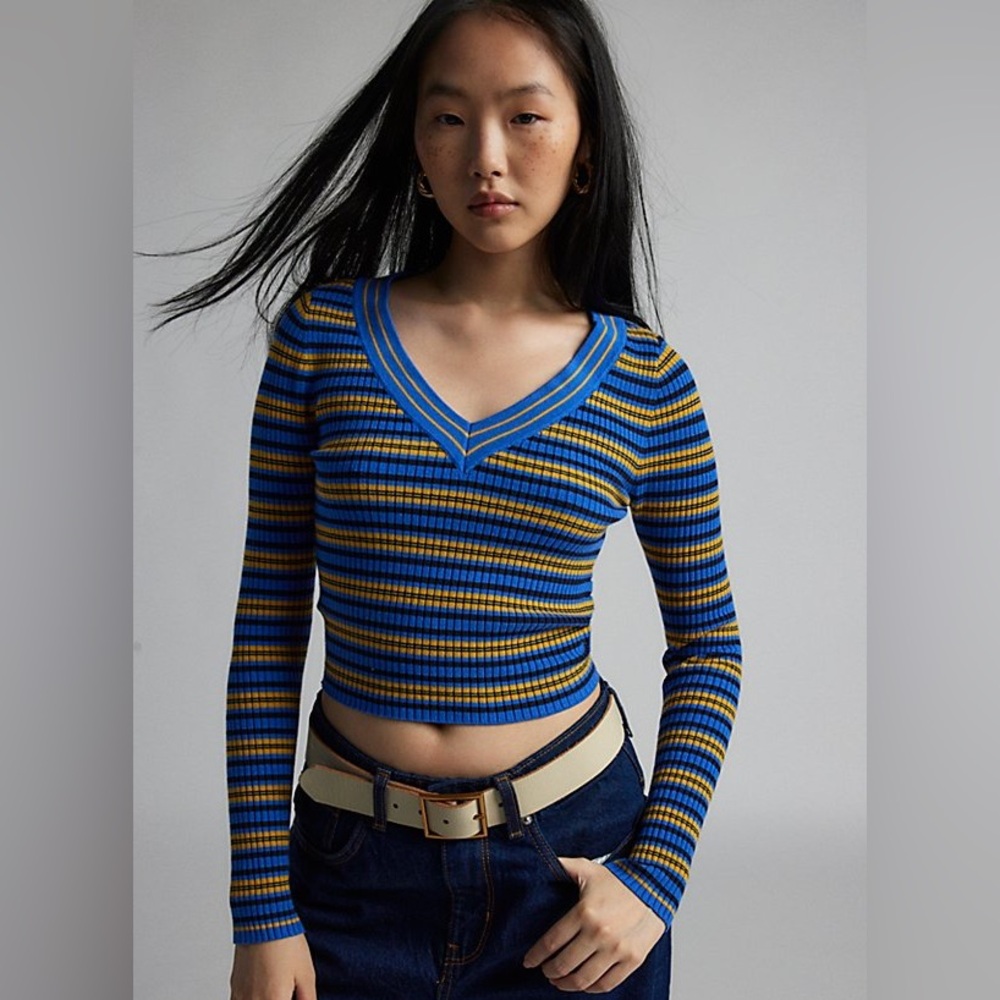 New Urban Outfitters Addison V-Neck Ribbed Sweater- Blue